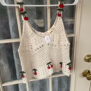 Rebellion Cream Crochet Crop Top with Cherry Accents